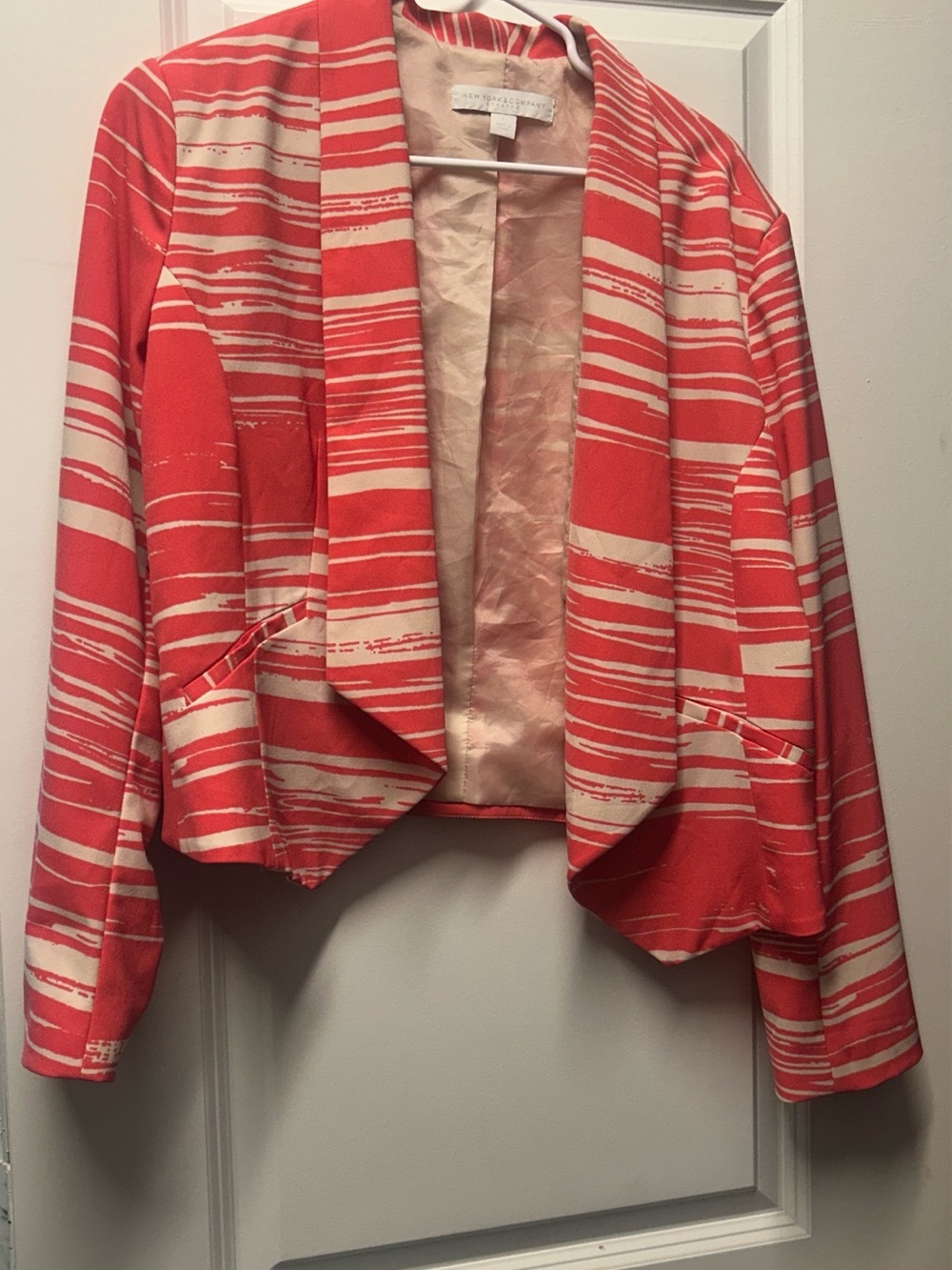 New York & Company Coral and Cream Striped Open-Front Blazer